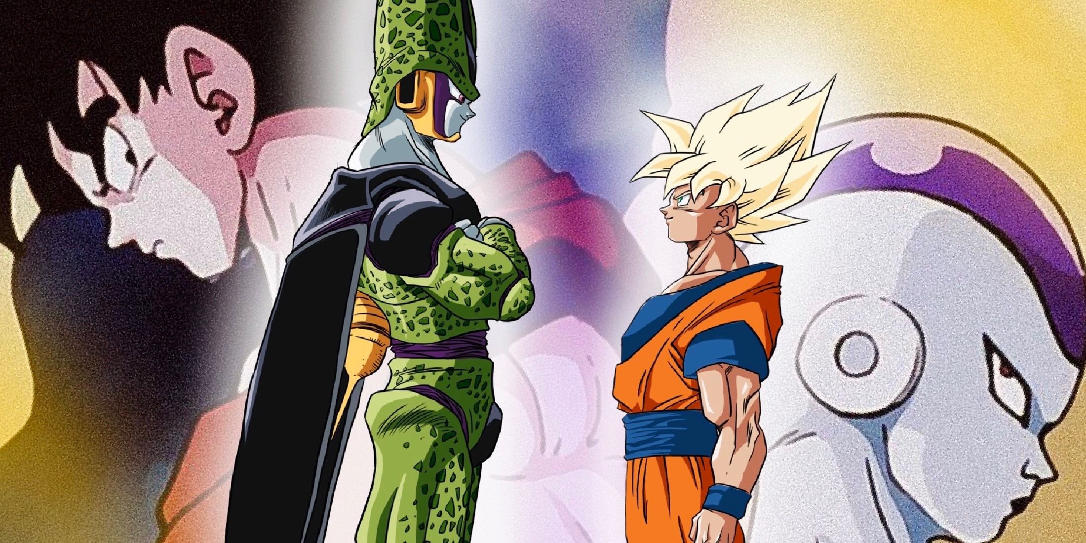 Goku stares down Cell and Frieza in Dragon Ball Z