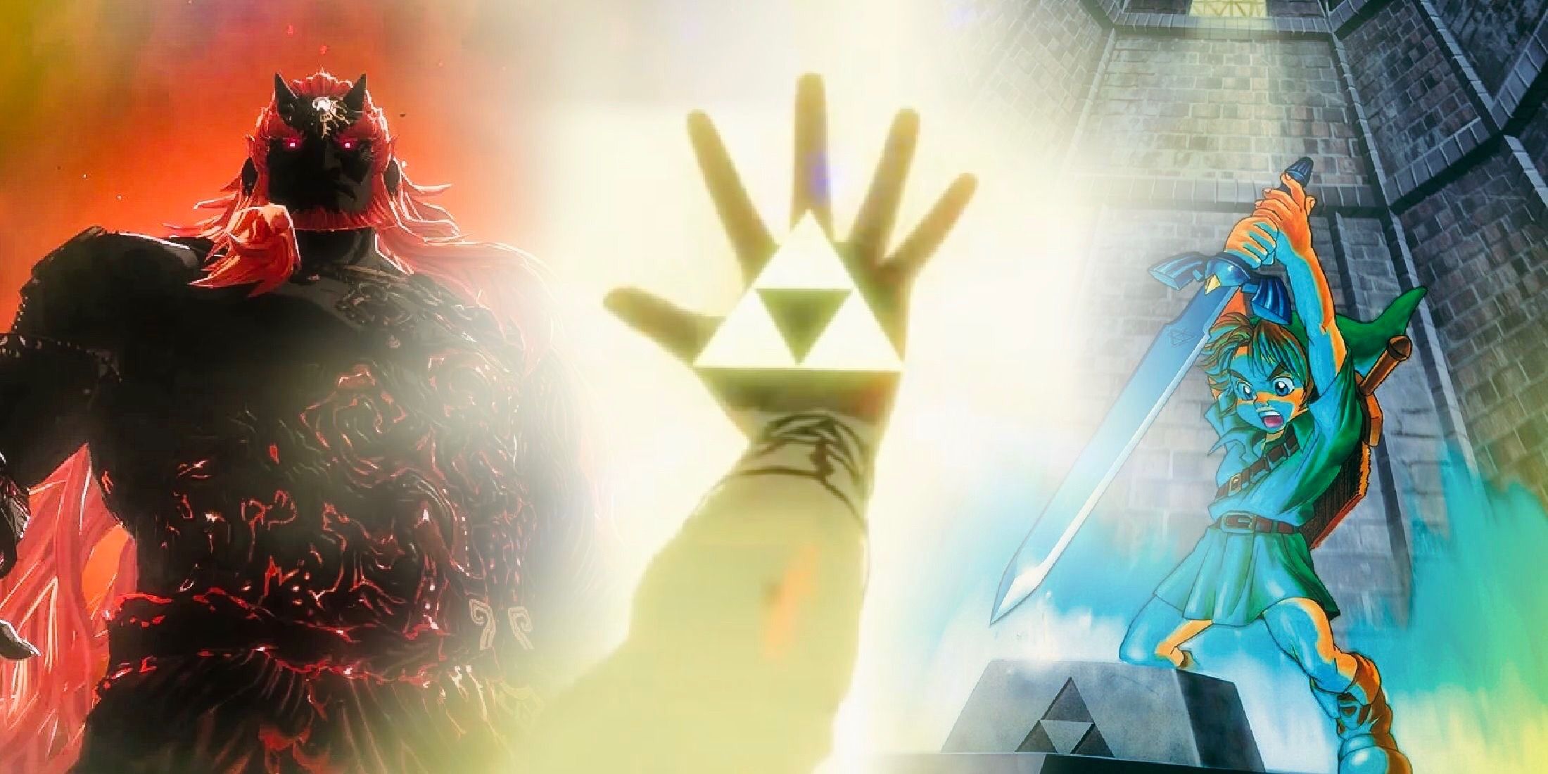 Princess Zelda reaching out with the Triforce to Link from OOT and Ganondorf from TOTK