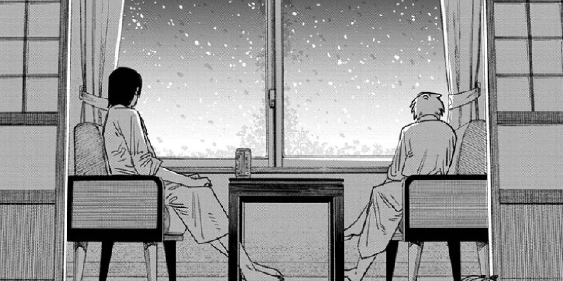 Aki e Denji olham para uma tempestade de neve no mangá Chainsaw Man