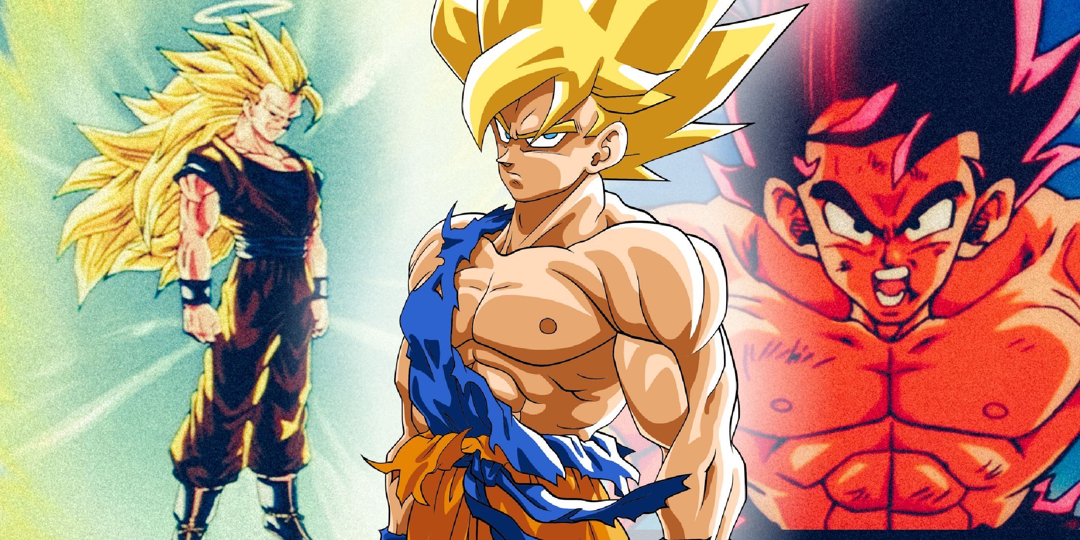 Goku in his Super Saiyan, Kaioken, and SSJ3 forms in Dragon Ball Z