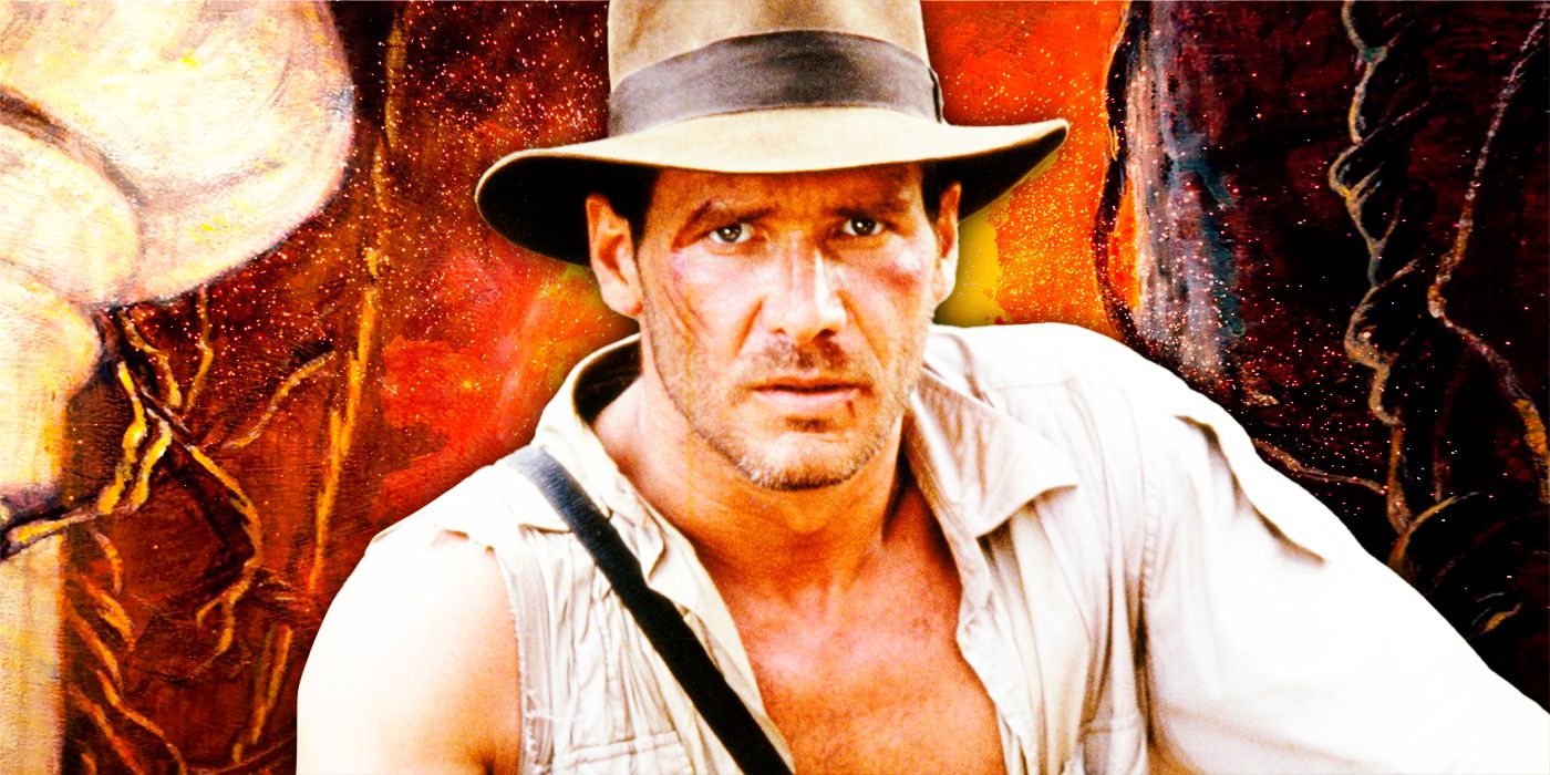Indiana Jones (actor Harrison Ford) looking into camera in front of Temple of Doom art
