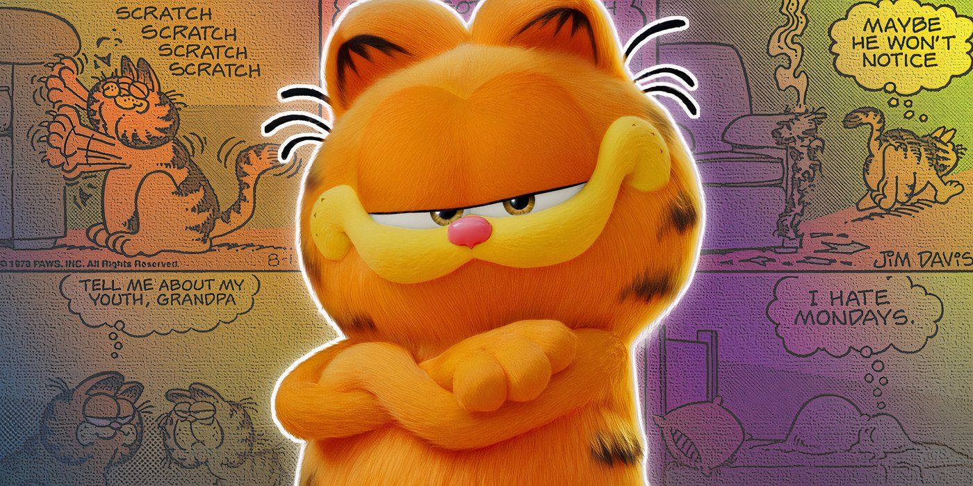 Garfield from the movie with various comic strips in the background