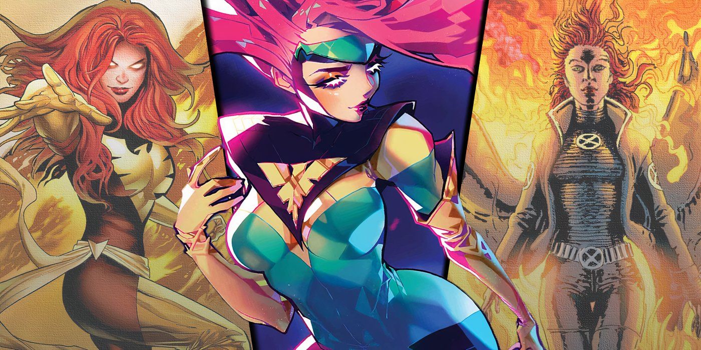 Split image of Jean Grey as Phoenix with her other Phoenix Force iterations in the background