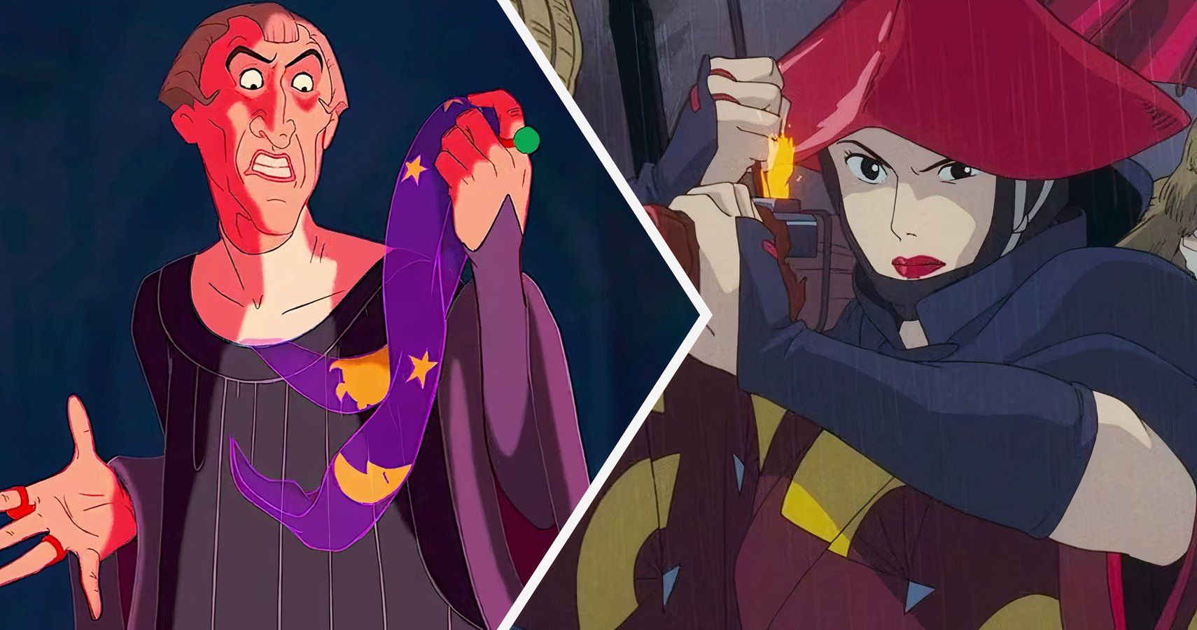 Split image of Disney's Judge Frollo and Studio Ghibli's Lady Eboshi