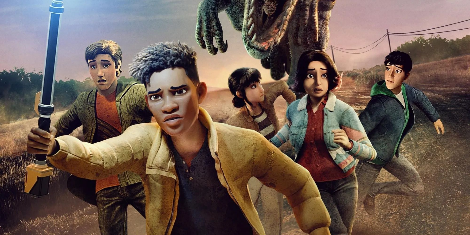 Darius leads his friends away from a dinosaur in Jurassic World: Chaos Theory Season 1