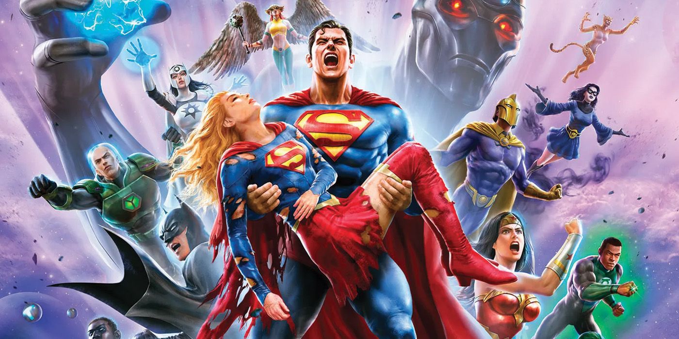 The physical media cover for Justice League: Crisis on Infinite Earths Part Three, featuring Superman holding Supergirl in his arms.