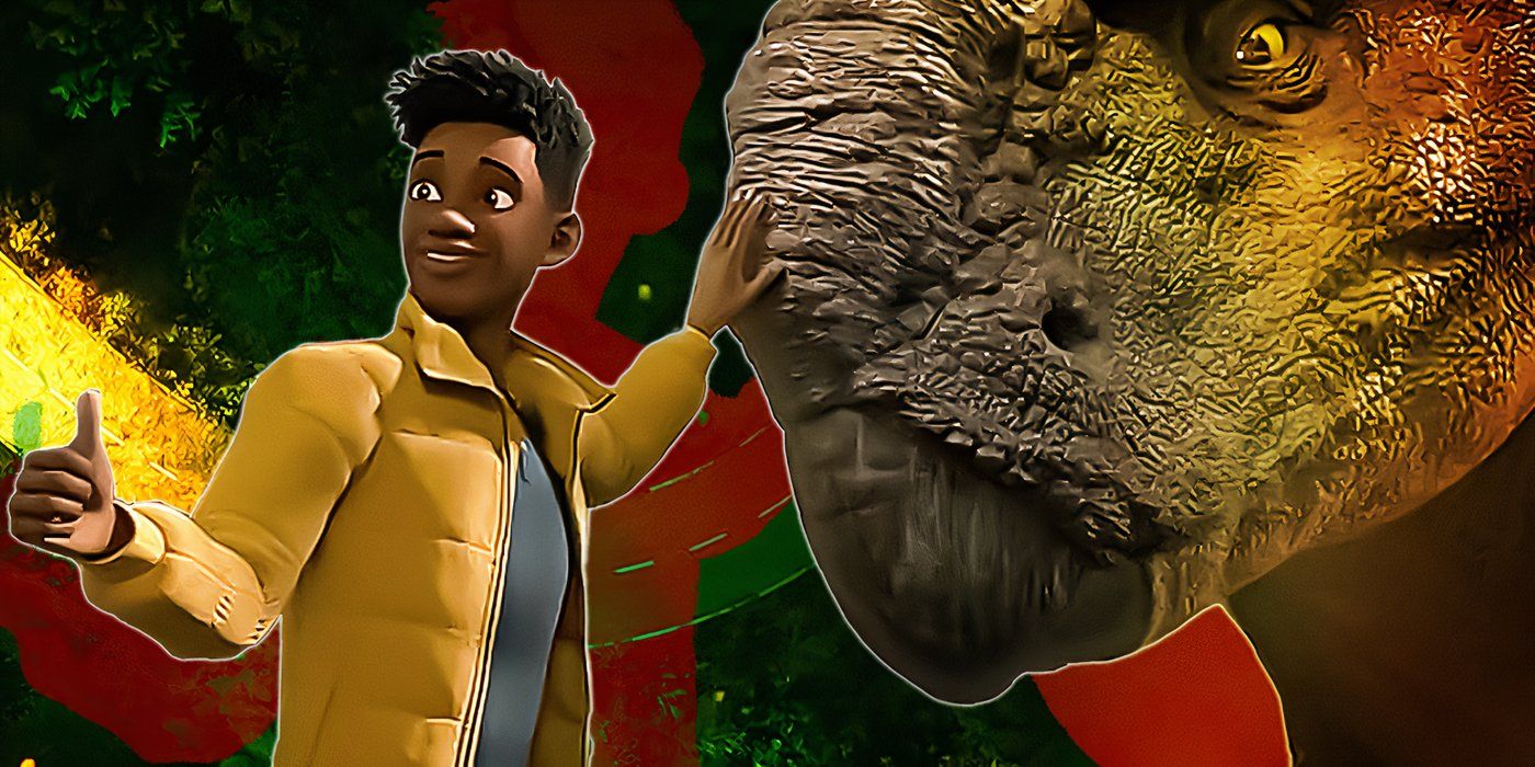 Darius standing with dinosaur. 