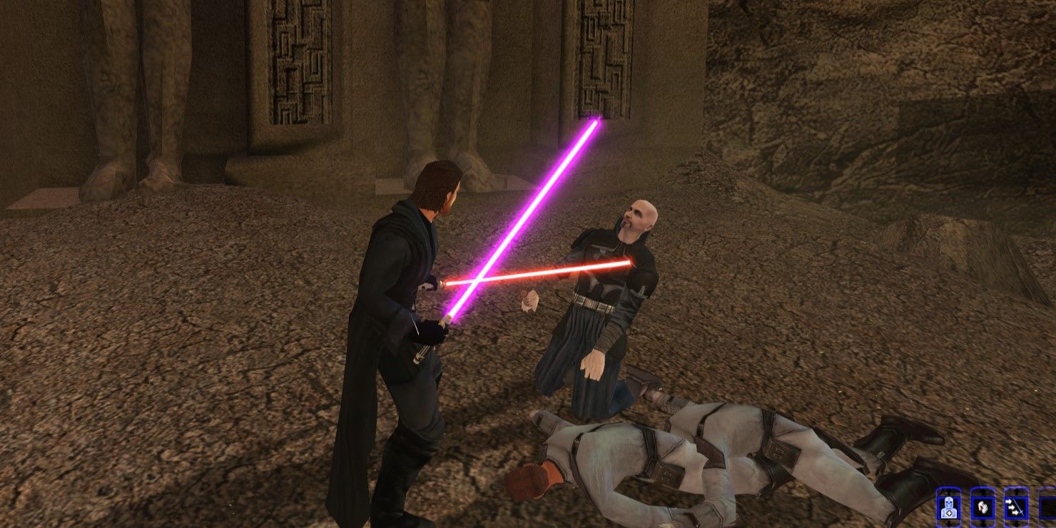 Revan tem um inimigo à sua mercê em Star Wars: Knights of the Old Republic para PC.