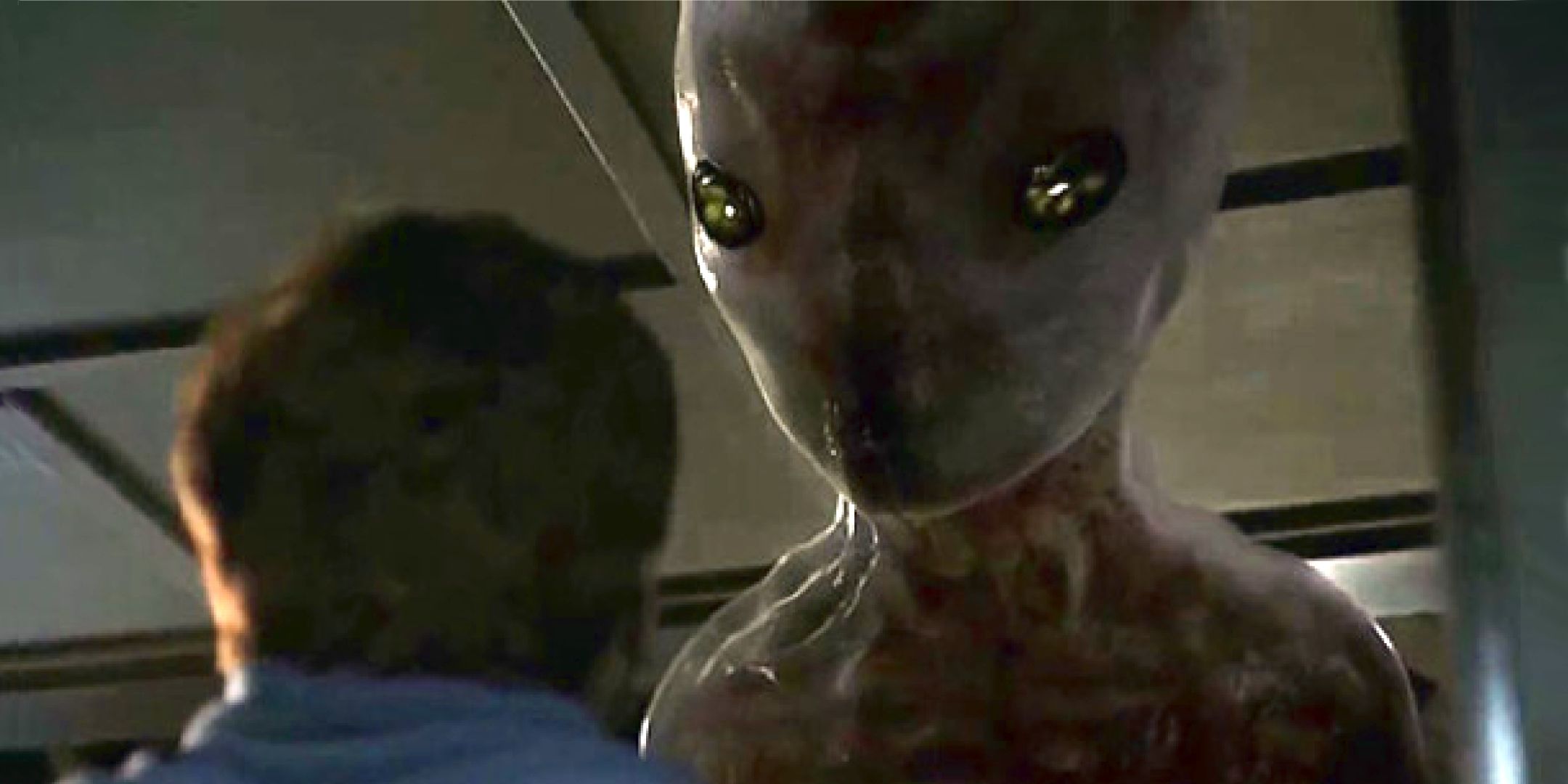 A large gray alien towering over a man with an expressionless face in Stephen King's Dreamcatcher movie.