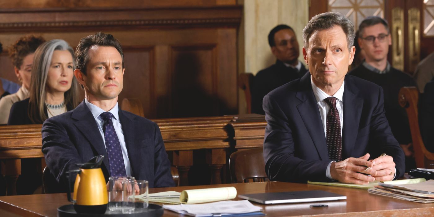 Nolan Price (actor Hugh Dancy) and Nicholas Baxter (actor Tony Goldwyn) sit in court on Law & Order