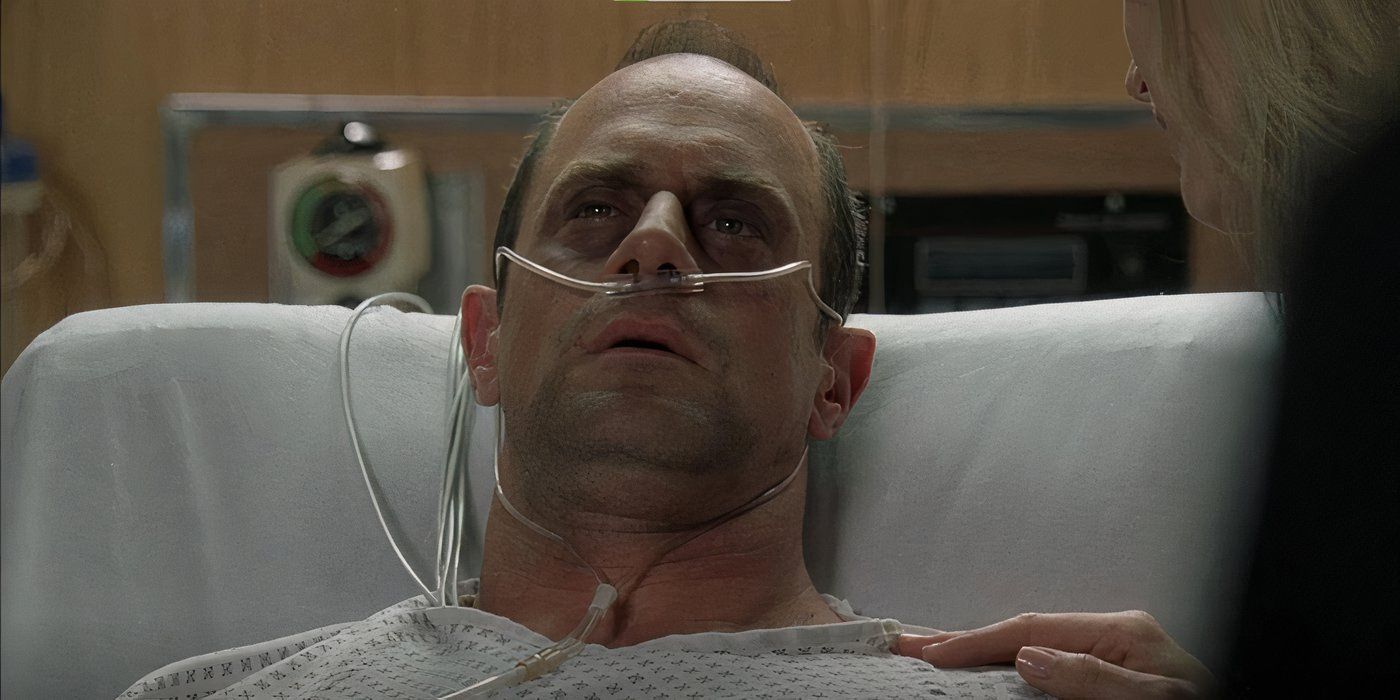 Detective Elliot Stabler (Christopher Meloni) in a hospital bed in Law and Order: SVU episode "Blinded"