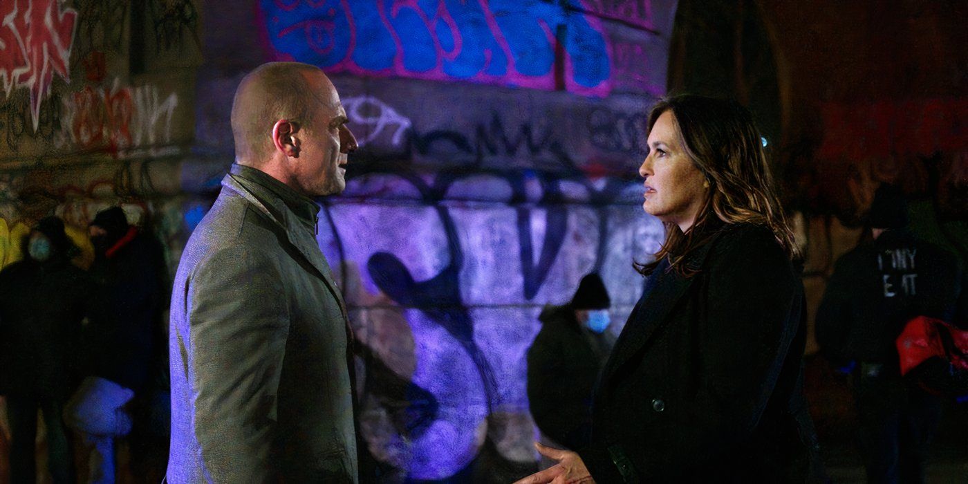 Detective Elliot Stabler (Christopher Meloni) reuniting with Captain Olivia Benson (Mariska Hargitay) Law and Order SVU episode "Return of the Prodigal Son"