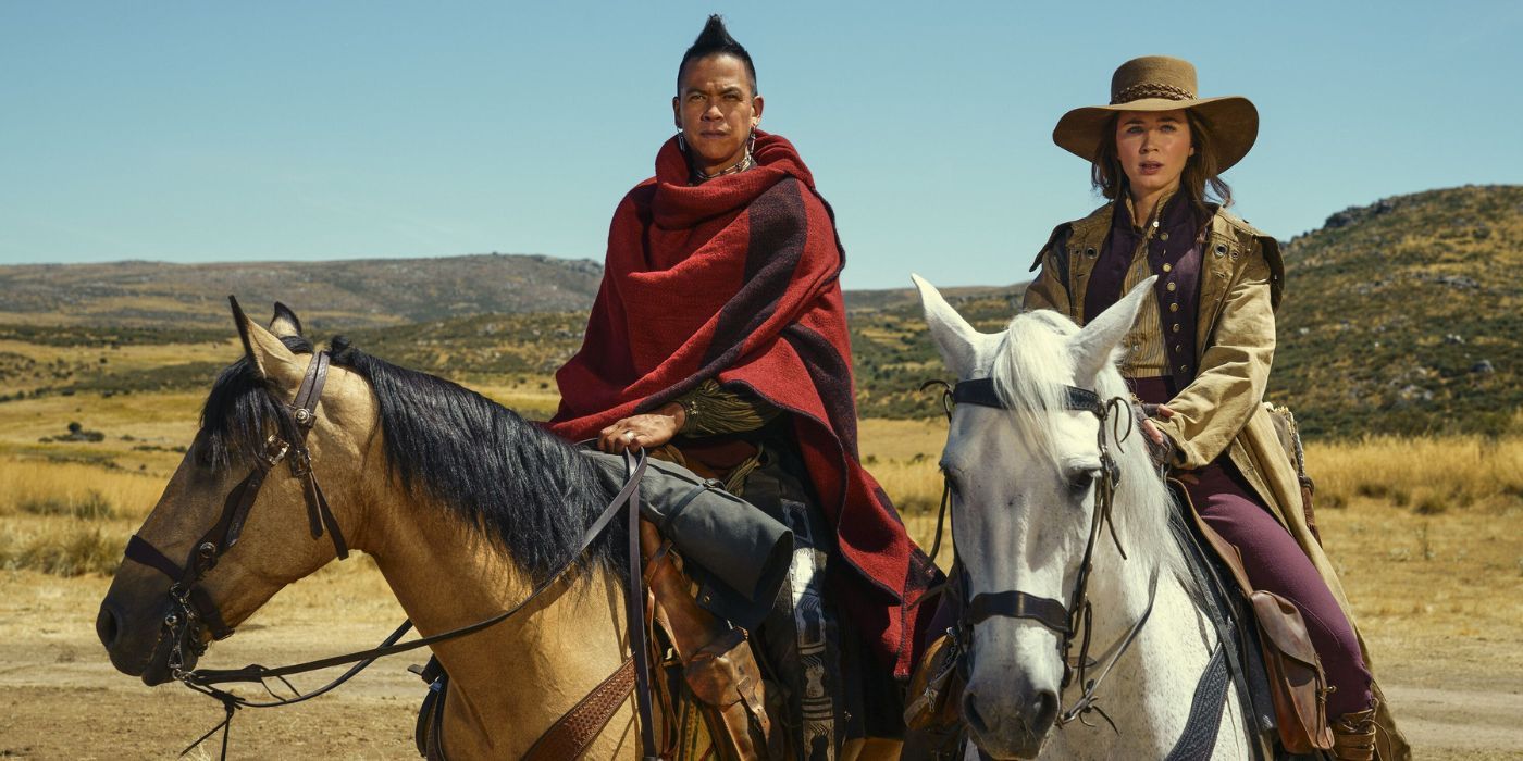 Emily Blunt and Chaske Spencer ride horseback in The English.
