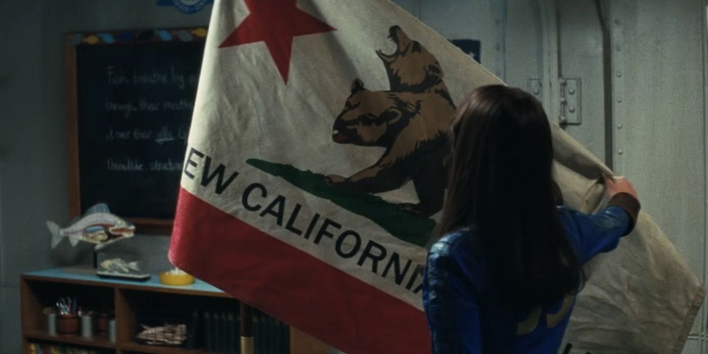 Lucy unfurls an old NCR flag in Fallout (2024)
