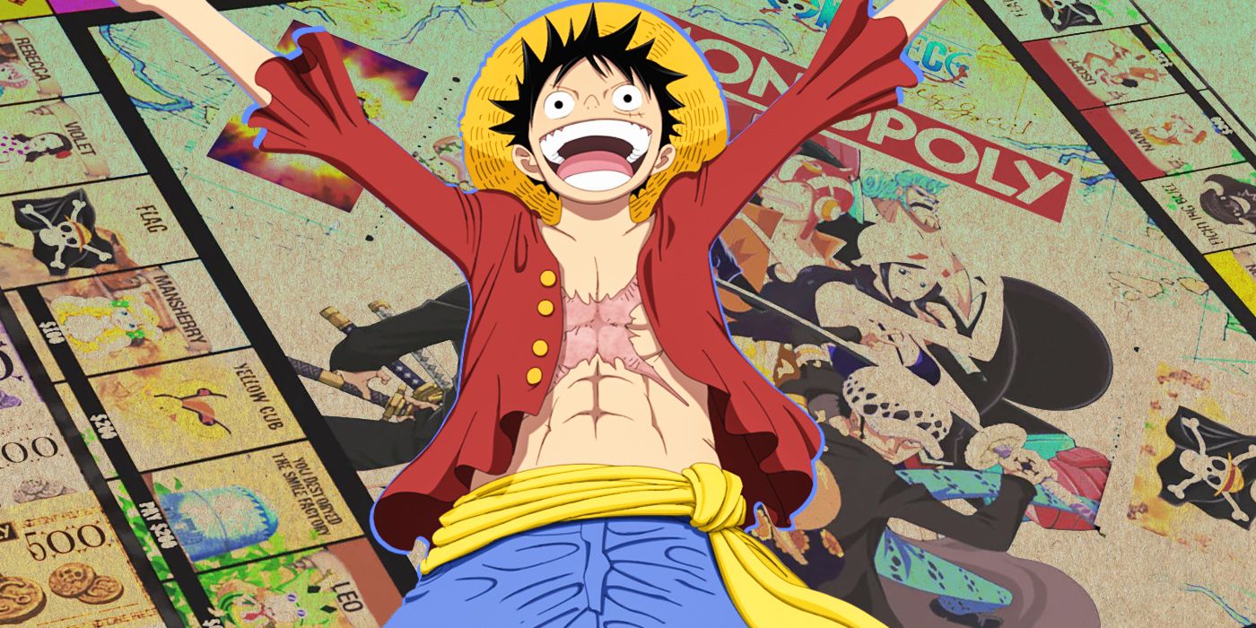 Luffy grinning in front of the official One Piece edition of Monopoly