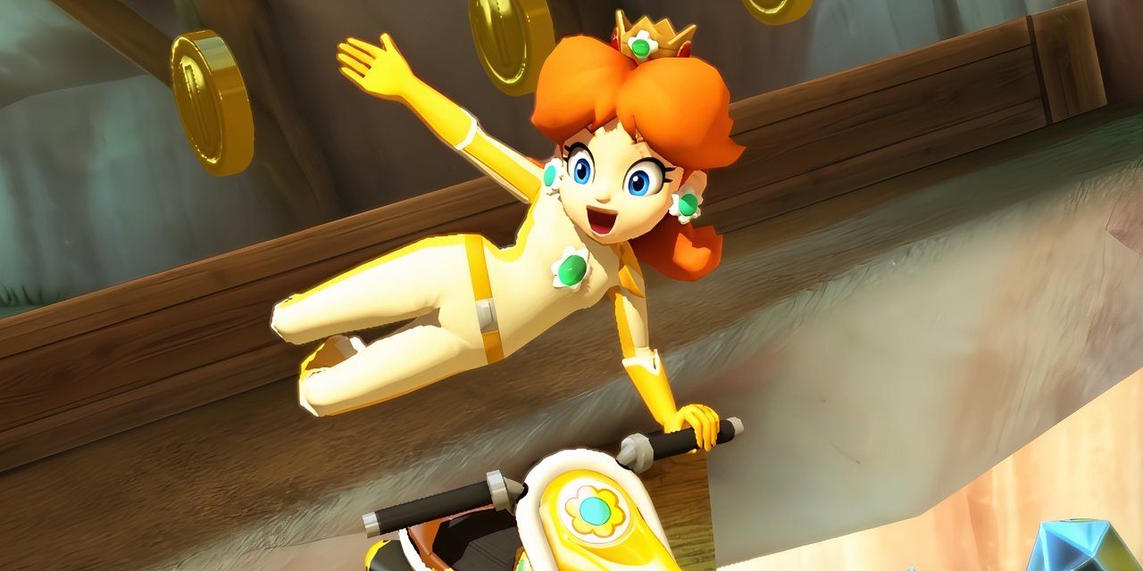 Daisy voando da bicicleta em Mario Kart