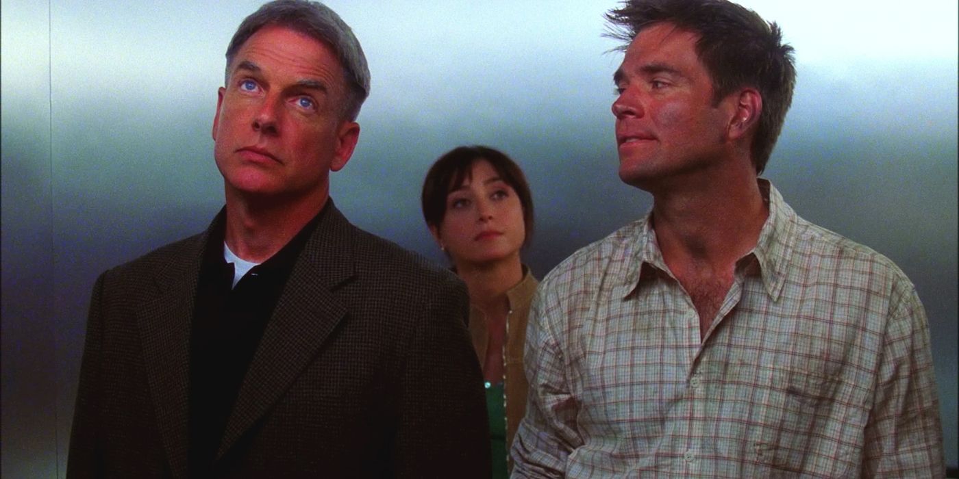 Mark Harmon as Jethro Gibbs and Michael Weatherly as Tony DiNozzo stand on an elevator with Sasha Alexander as Caitlin Todd behind them on NCIS