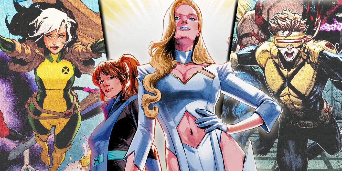 Split image of Emma Frost, Kitty Pryde, Rogue, and Cyclops during the From the Ashes relaunch