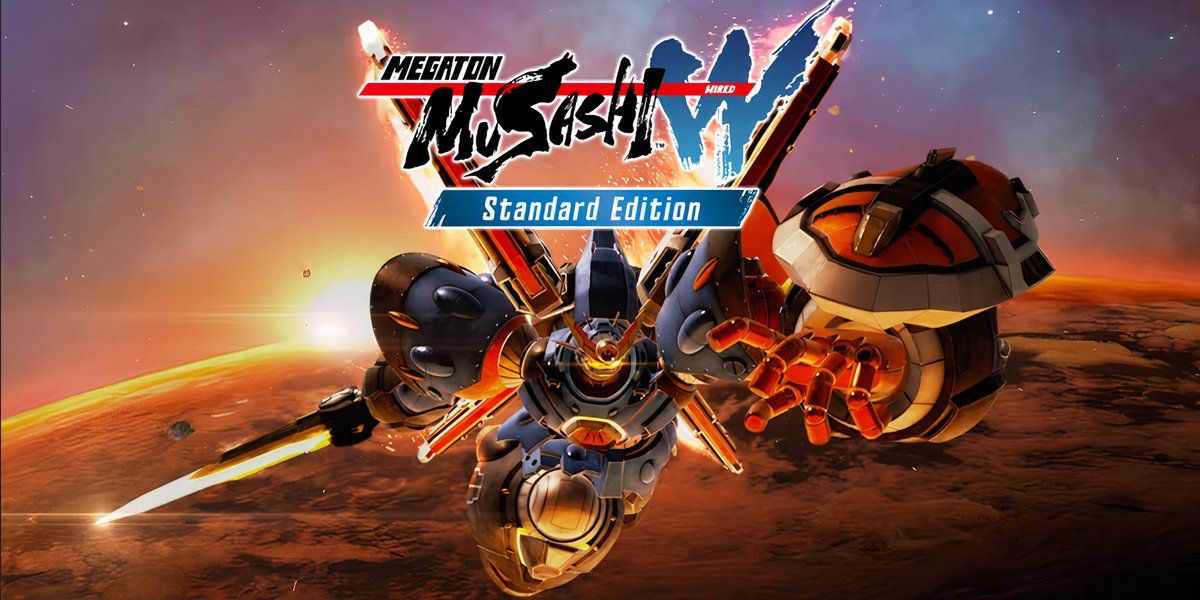 A imagem promocional de Megaton Musashi W Wired mostra um mech empunhando uma espada e um escudo voando