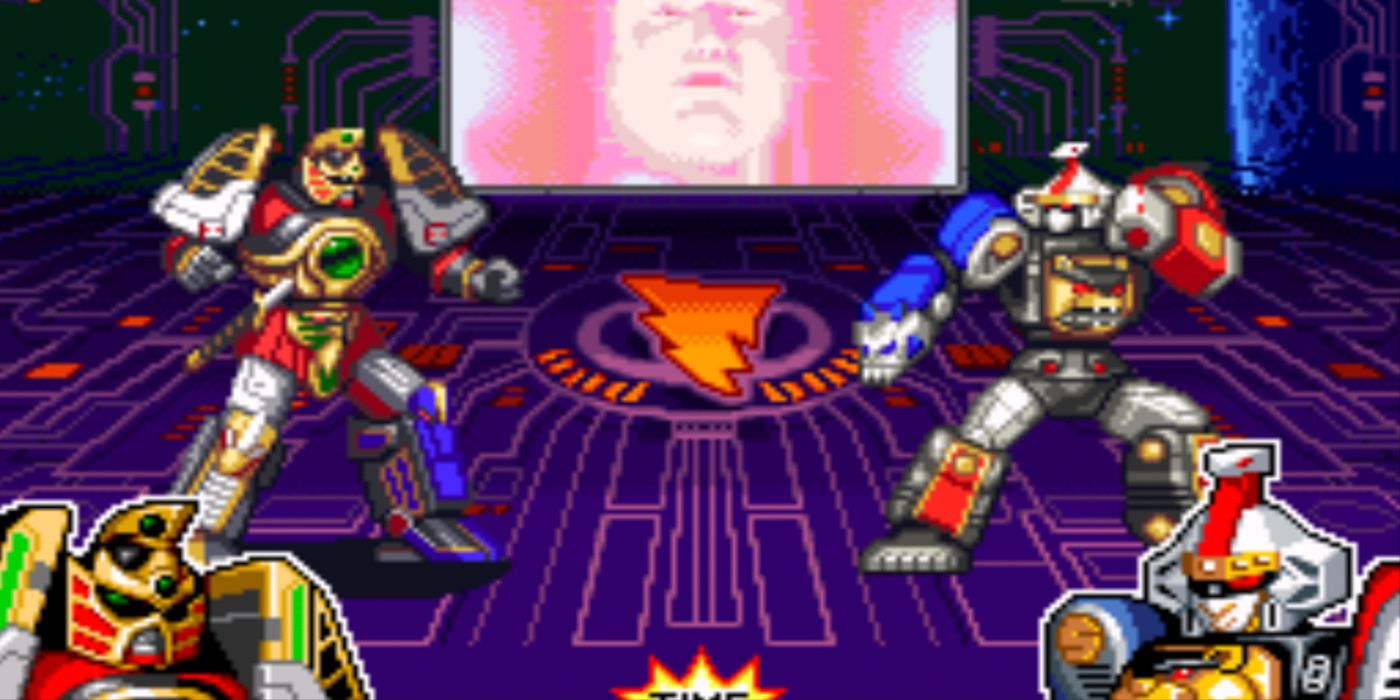 A Zord battle breaks out in the Super Nintendo's Mighty Morphin Powers Rangers: The Fighting Edition.