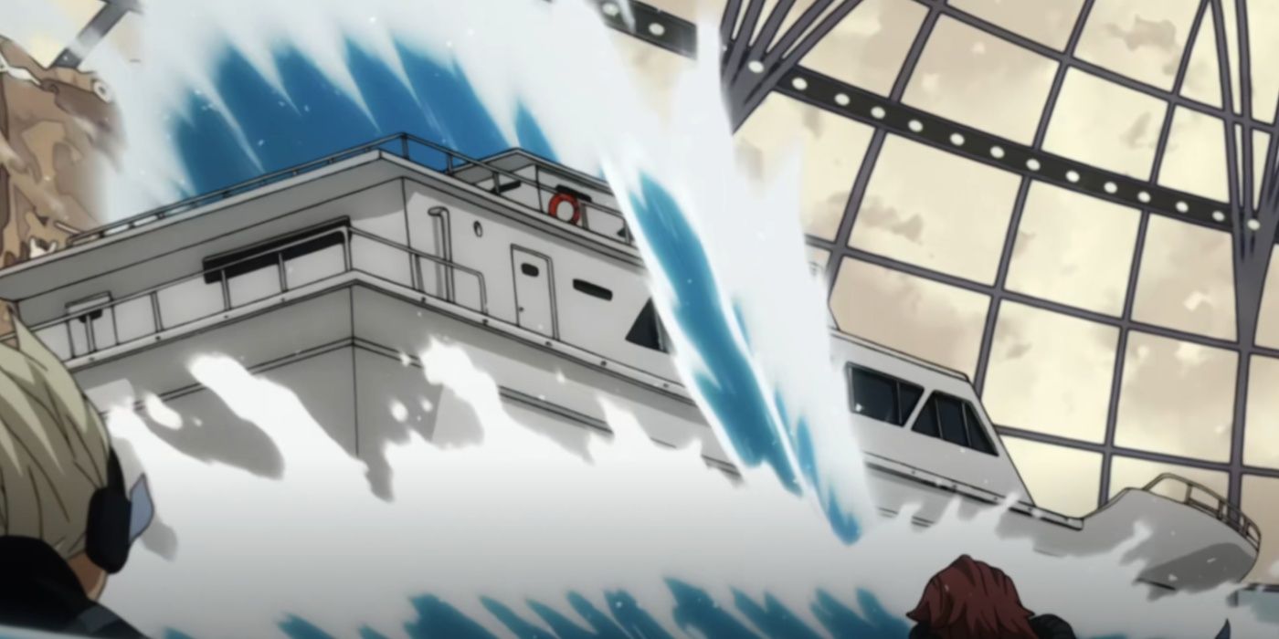  Hanzo Suiden using his Water Control Quirk to destroy a ship in the U.A. Training Grounds in My Hero Academia.