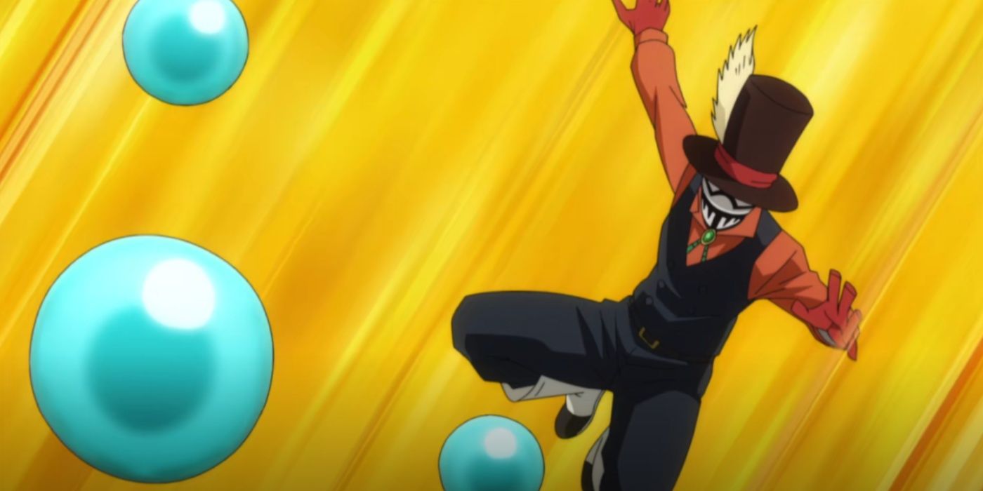 Mr. Compress throwing his compressed marbles at Midnight during the war with Paranormal Liberation Front in My Hero Academia season 6.
