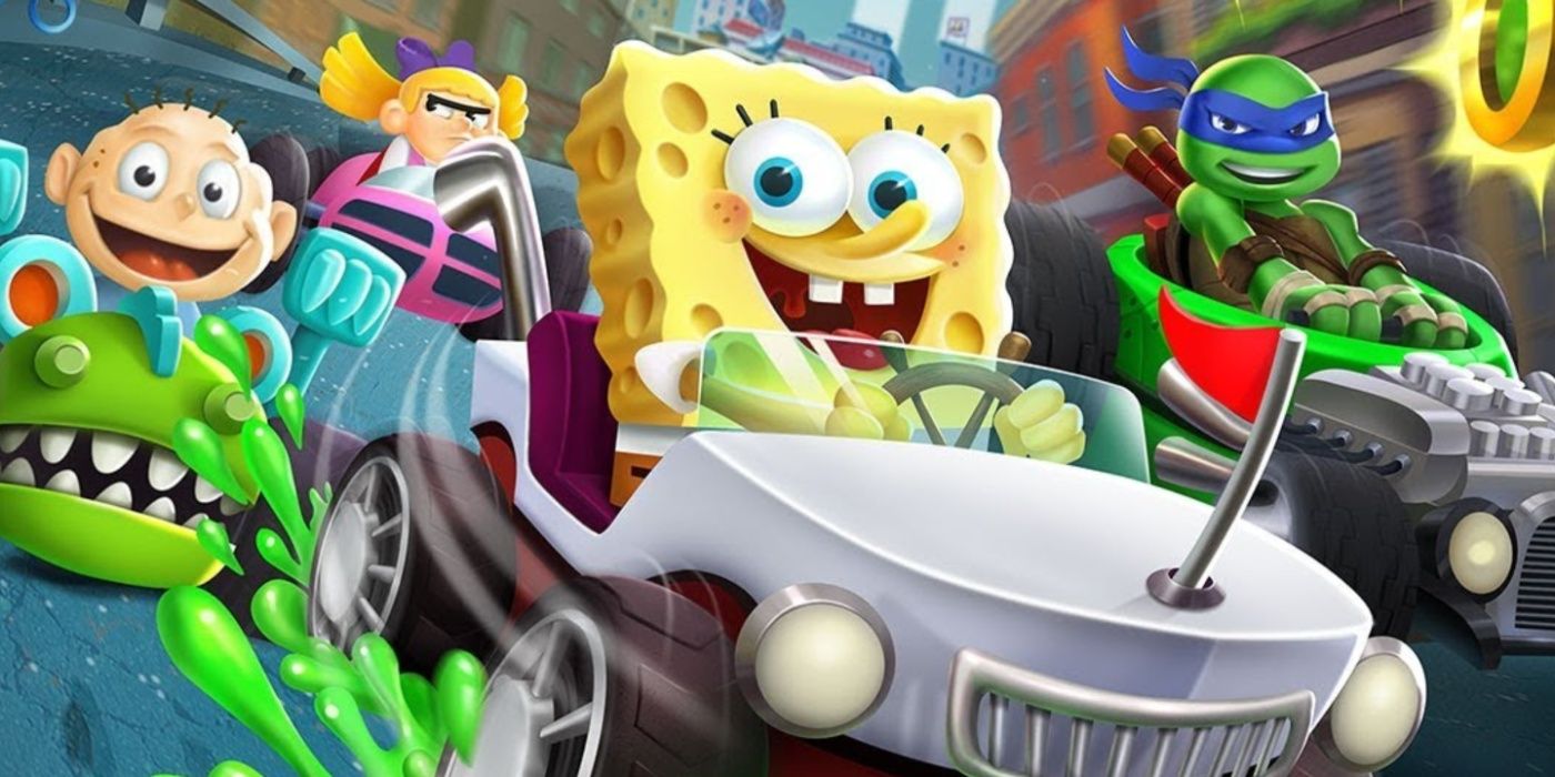 Bob Esponja é seguido por outros personagens de desenhos animados na arte principal do Nickelodeon Kart Racers.