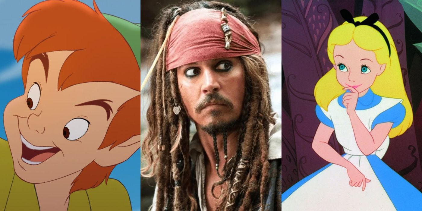 Peter Pan gives a mischievous expression, Jack Sparrow looks worried in Pirates Of The Caribbean, and Alice prepares to explore Wonderland in Alice In Wonderland.