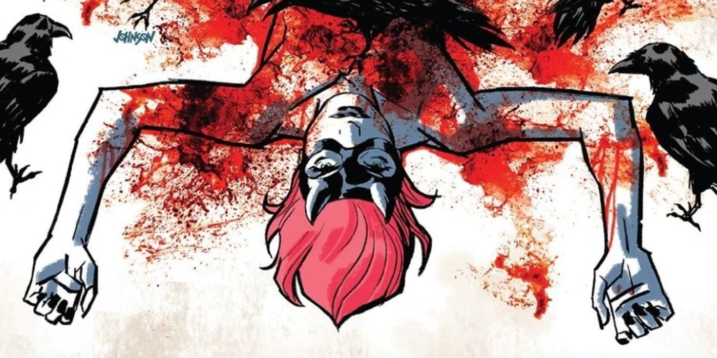 Eve Coffin on the cover of Coffin Hill #1, covered in blood and birds.