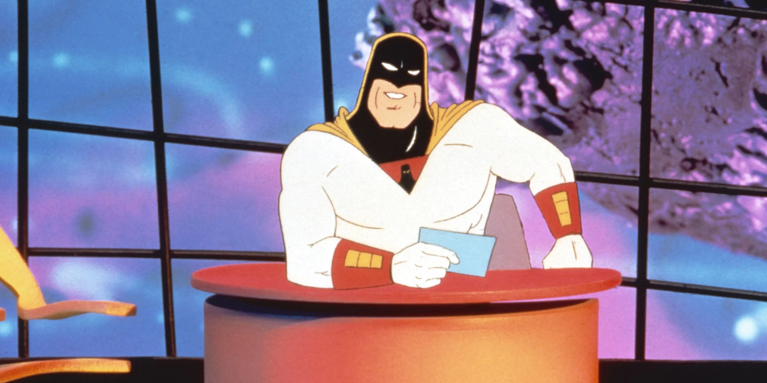 Space Ghost speaks to the audience during an episode of Space Ghost: Coast to Coast