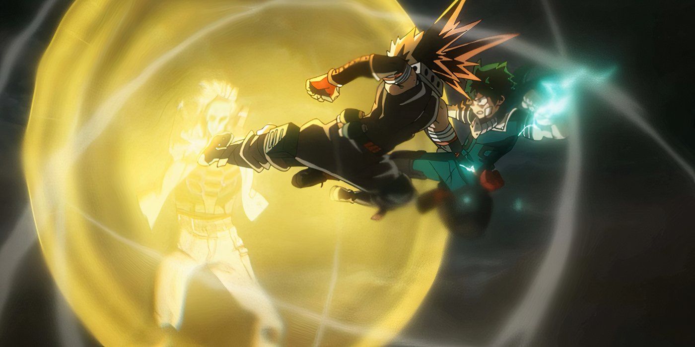 Nine uses the Air Wall Quirk to block Deku and Bakugo's attacks in My Hero Academia: Heroes: Rising.