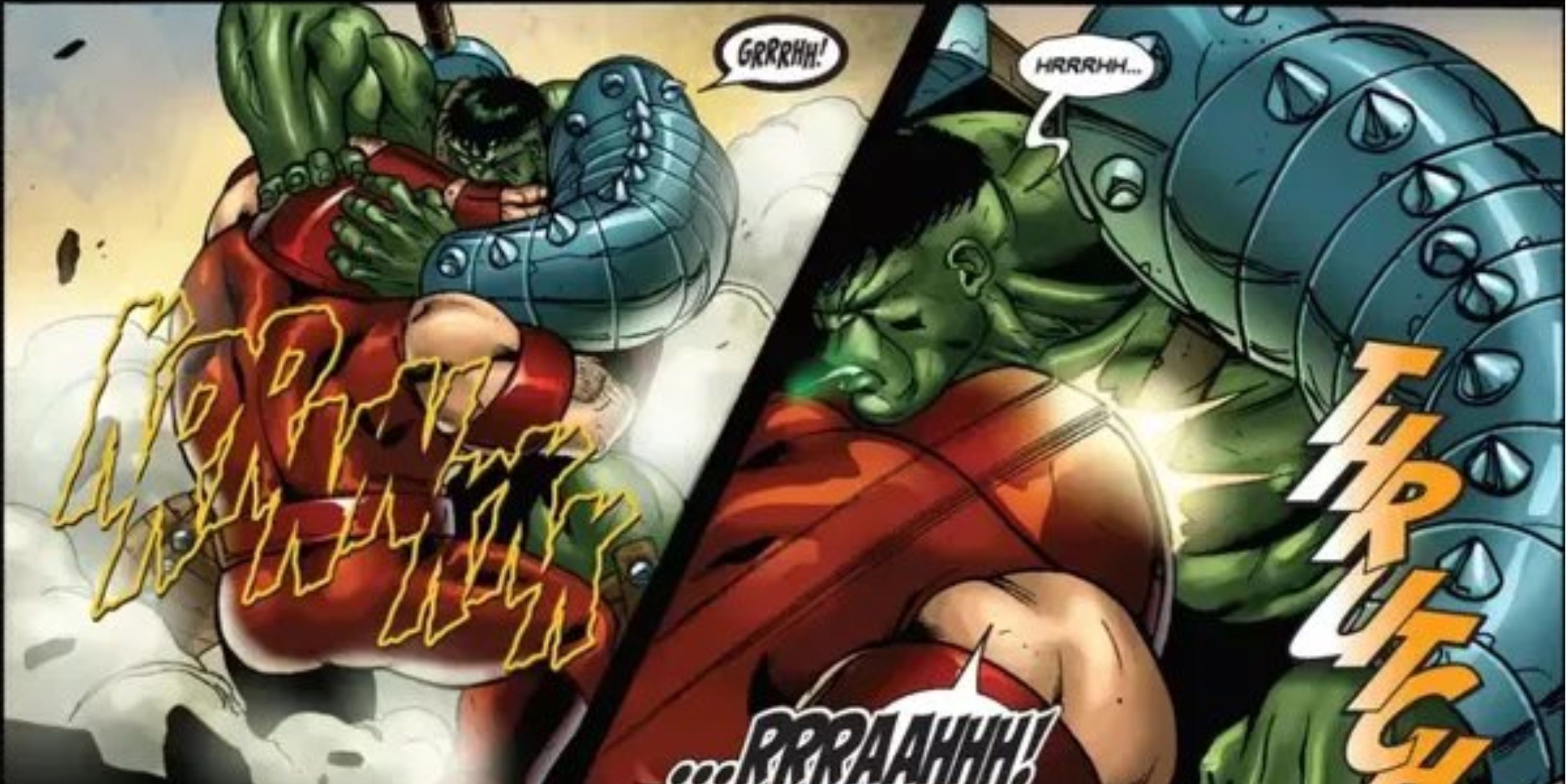 Worldbreaker Hulk getting lift up by Juggernaut and then getting headbutt by Juggs