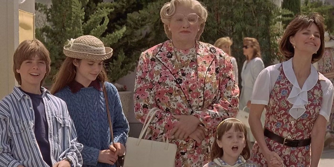 Robin Williams as Mrs Doubtfire spending time with his ex-wife and children.