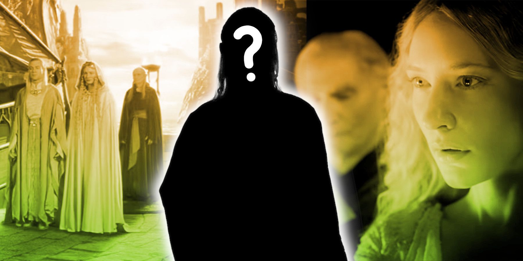 A silhouette with a question mark on it in front of Elves from The Lord of the Rings