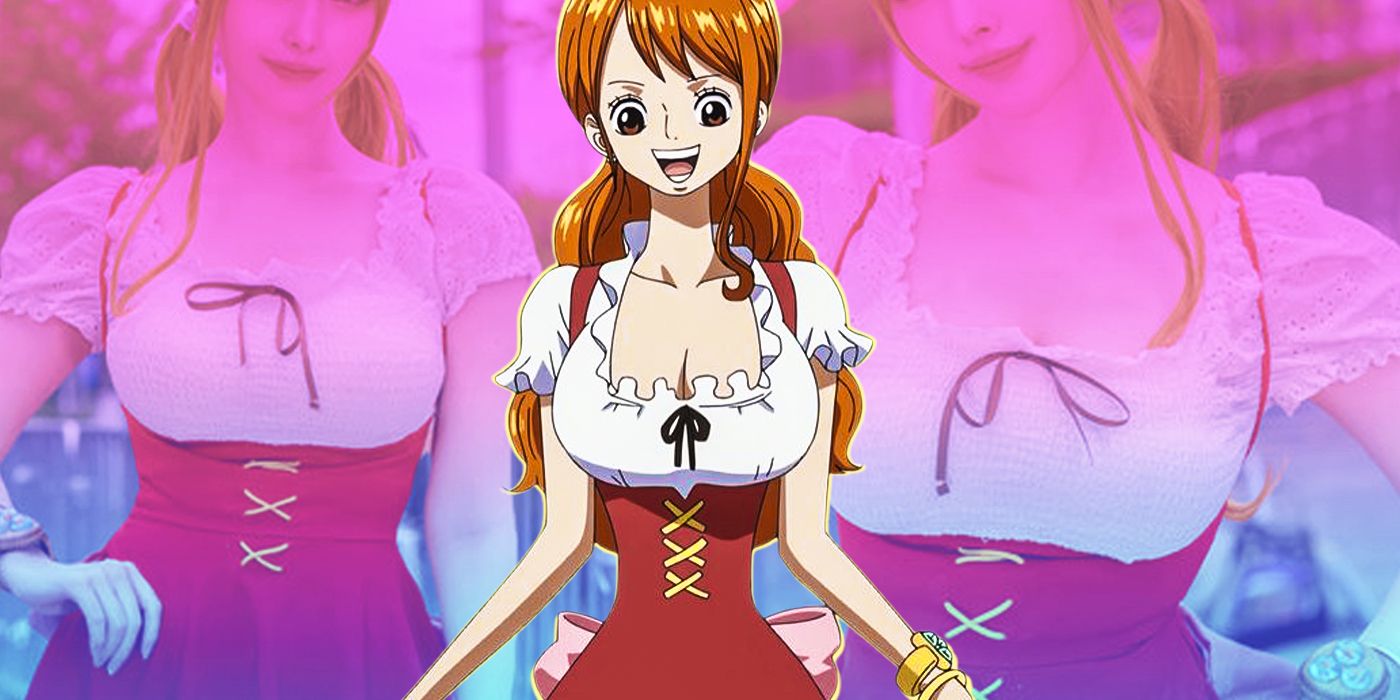 Real-life Nami cosplayer with the anime character from the One Piece anime