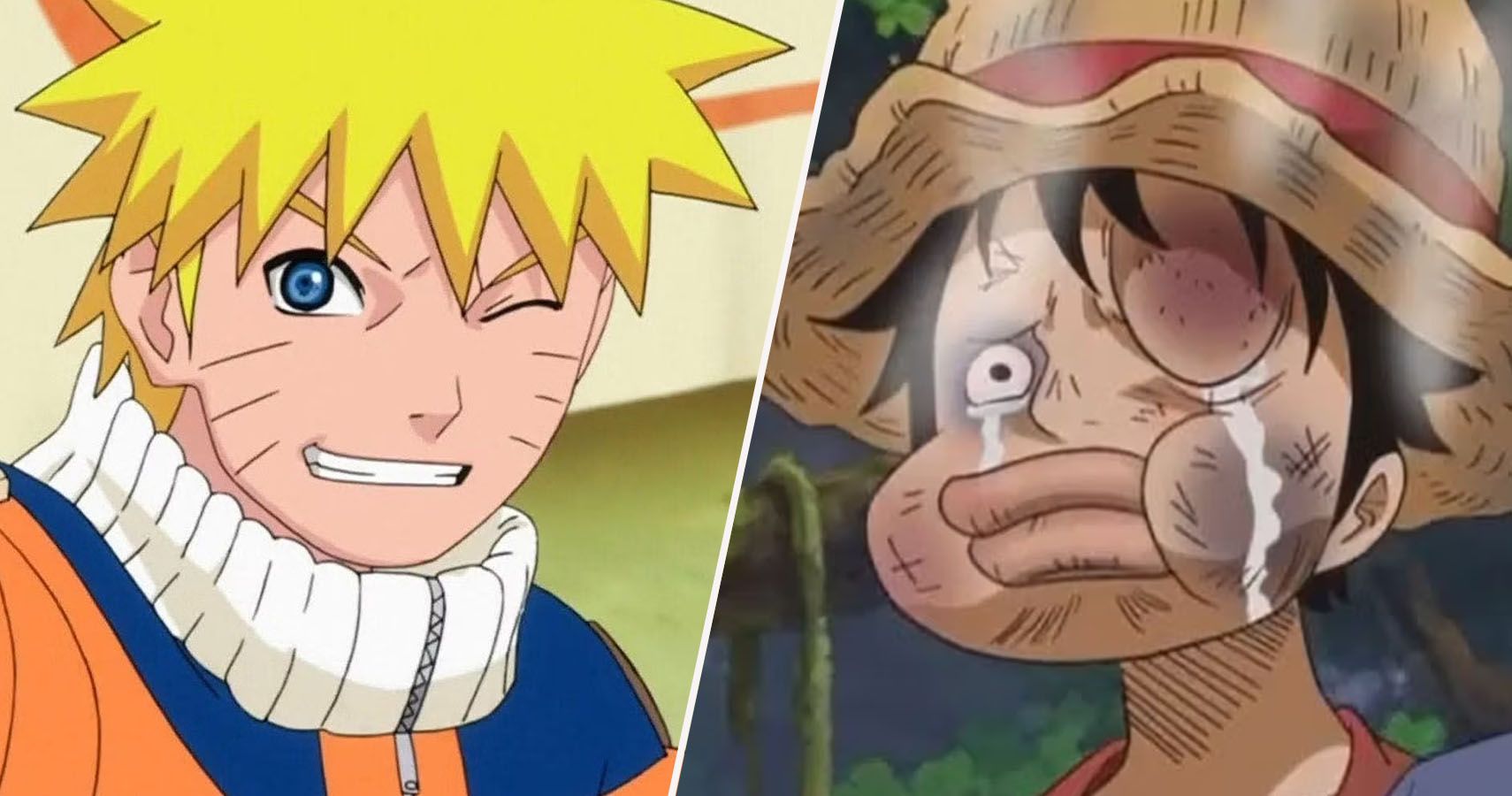 Naruto smiling and Luffy crying