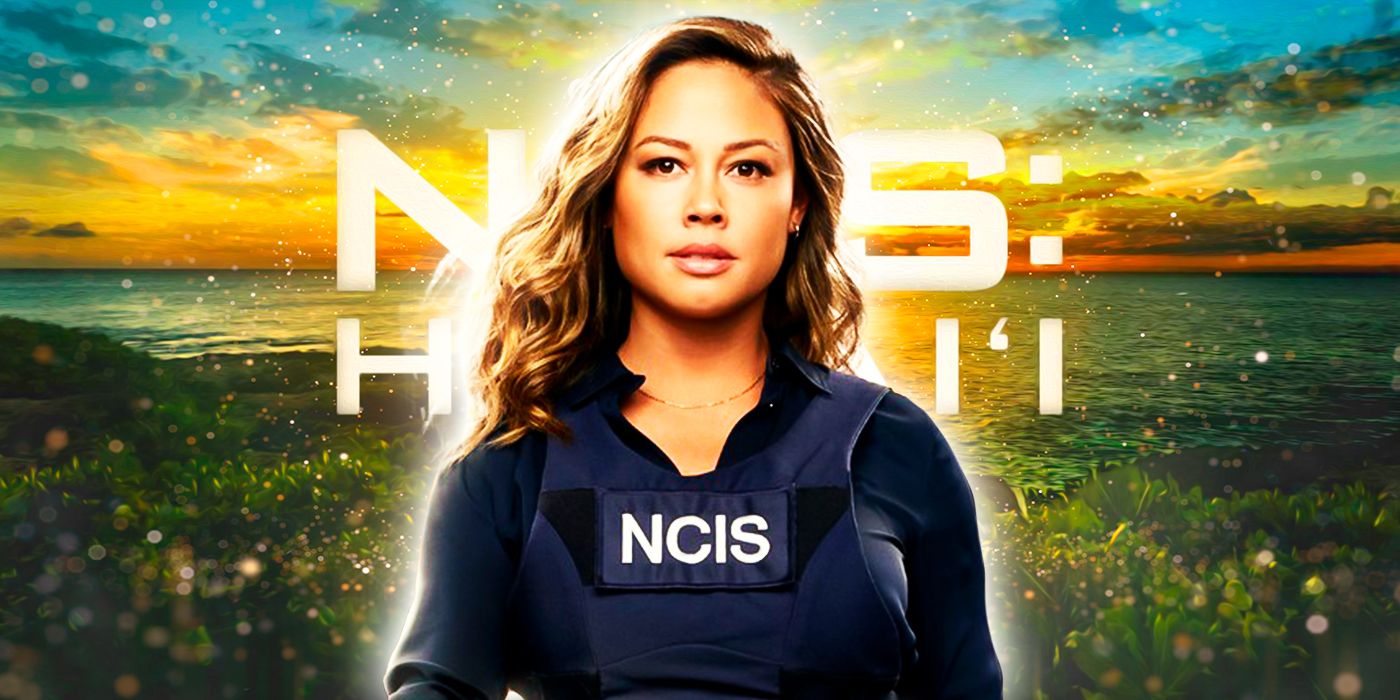 Jane Tennant (actor Vanessa Lachey) in an NCIS vest in front of NCIS: Hawai'i logo