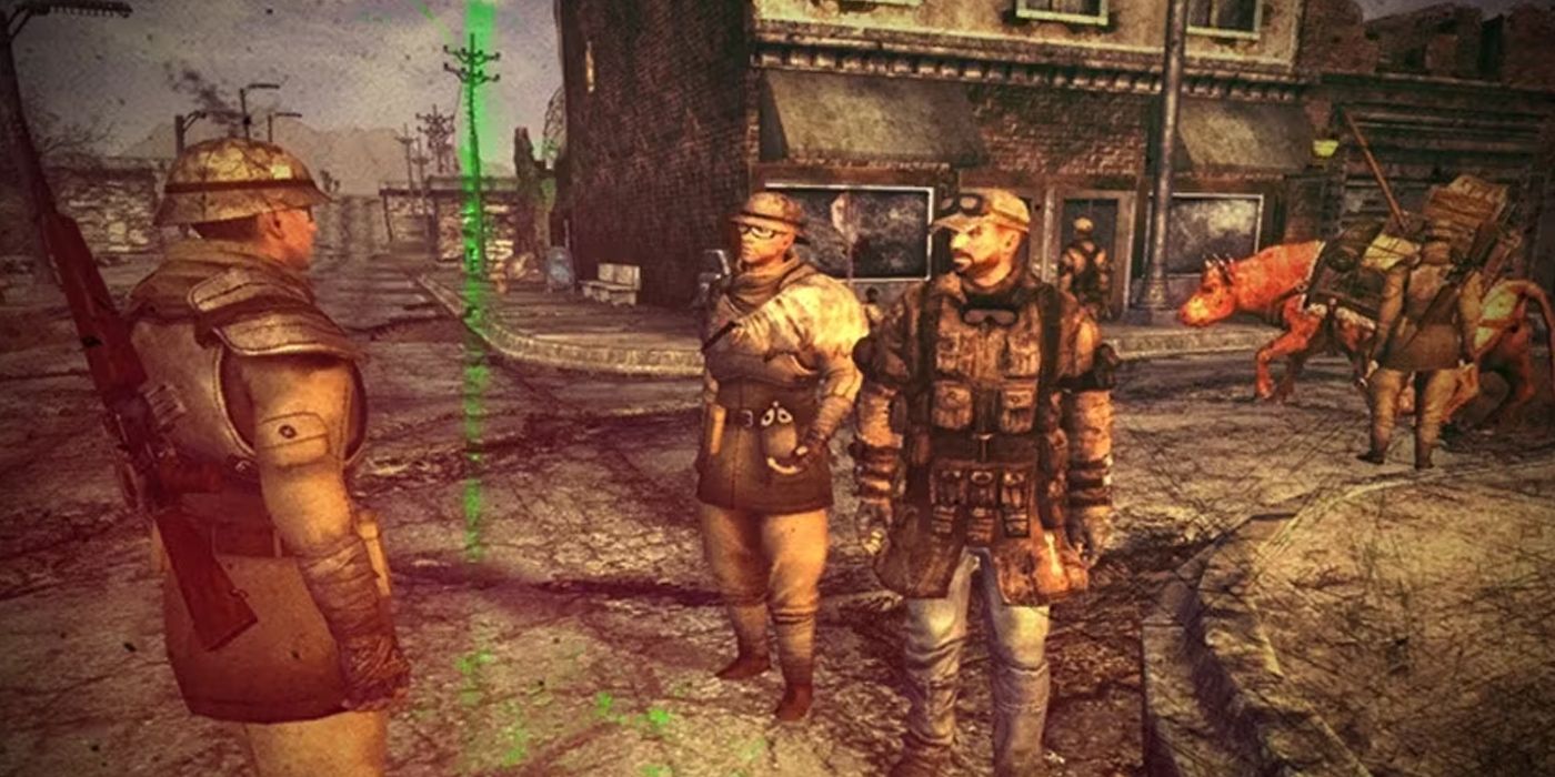 NCR Troopers talk to traveling merchants in Fallout New Vegas