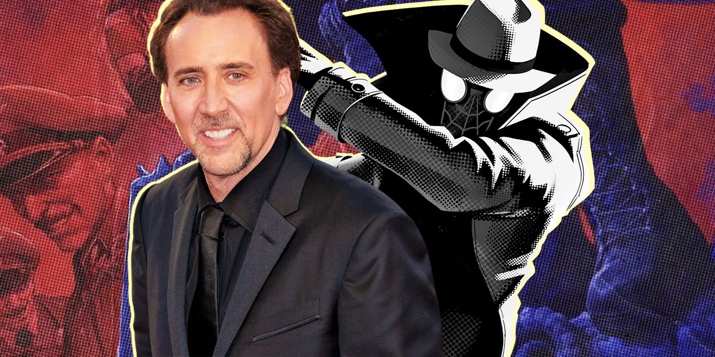 A composite image of Nicolas Cage and Spider-Man Noir (from Into the Spider-Verse).