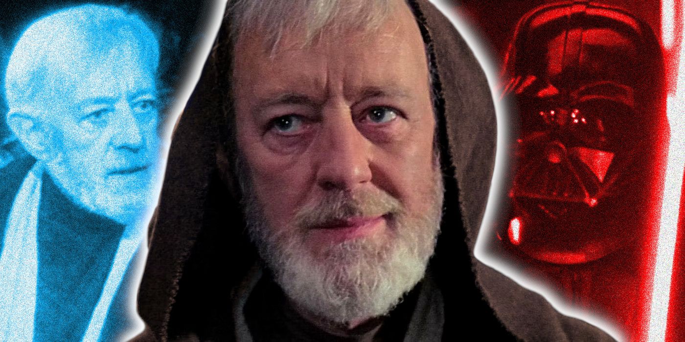 Obi-Wan in front of a blue image of his Force ghost and a red image of Darth Vader from Star Wars