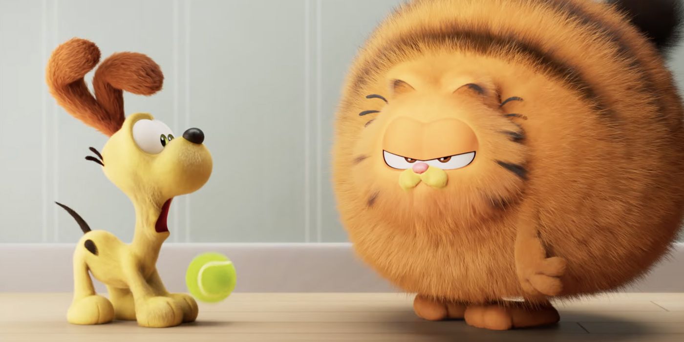 Odie stares at a freshly cleaned Garfield in The Garfield Movie