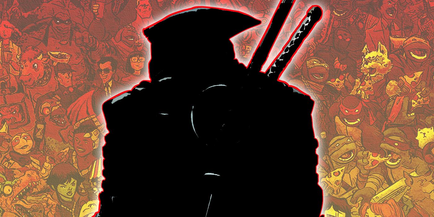 Silhouetted image from The Last Ronin with the TMNT comic universe in the background