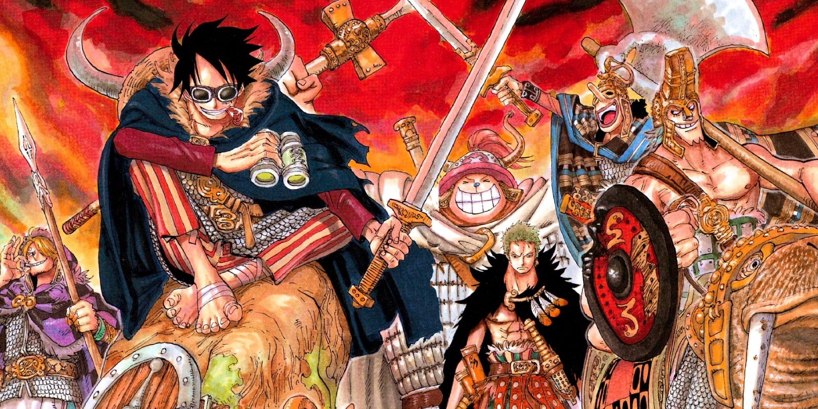 Chapter 446 artwork from the One Piece manga of Luffy and friends as vikings.