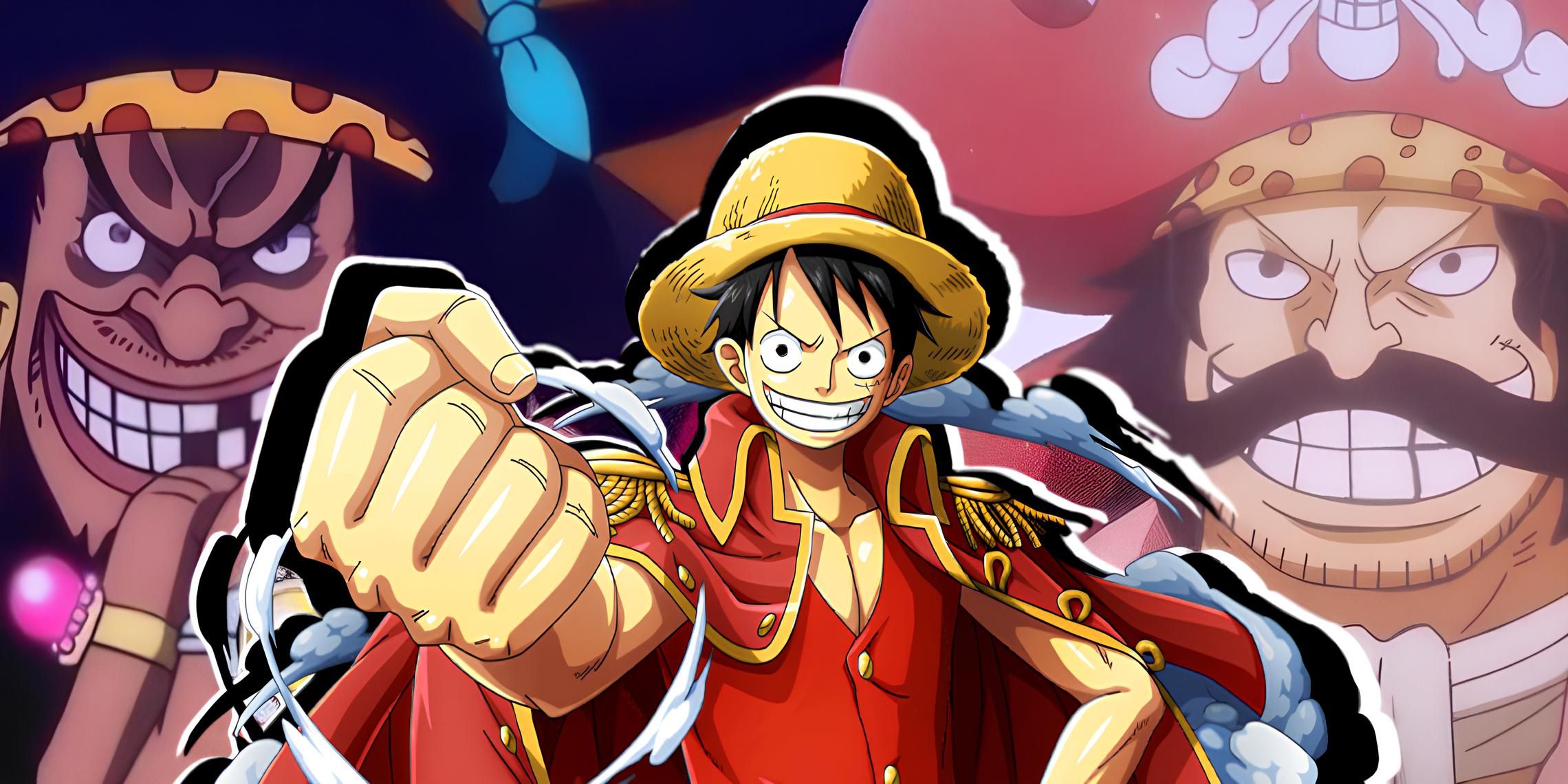 Monkey D. Luffy clenches fist, with Blackbeard and Gol D. Roger in the background