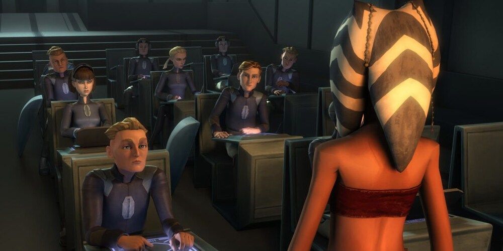 Ahsoka standing in front of a classroom full of students