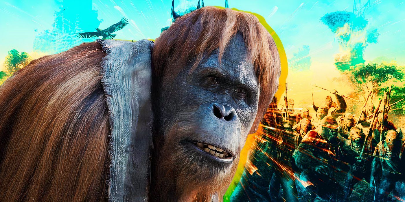 Raka talks to Mae and Noa in Kingdom of the Planet of the Apes