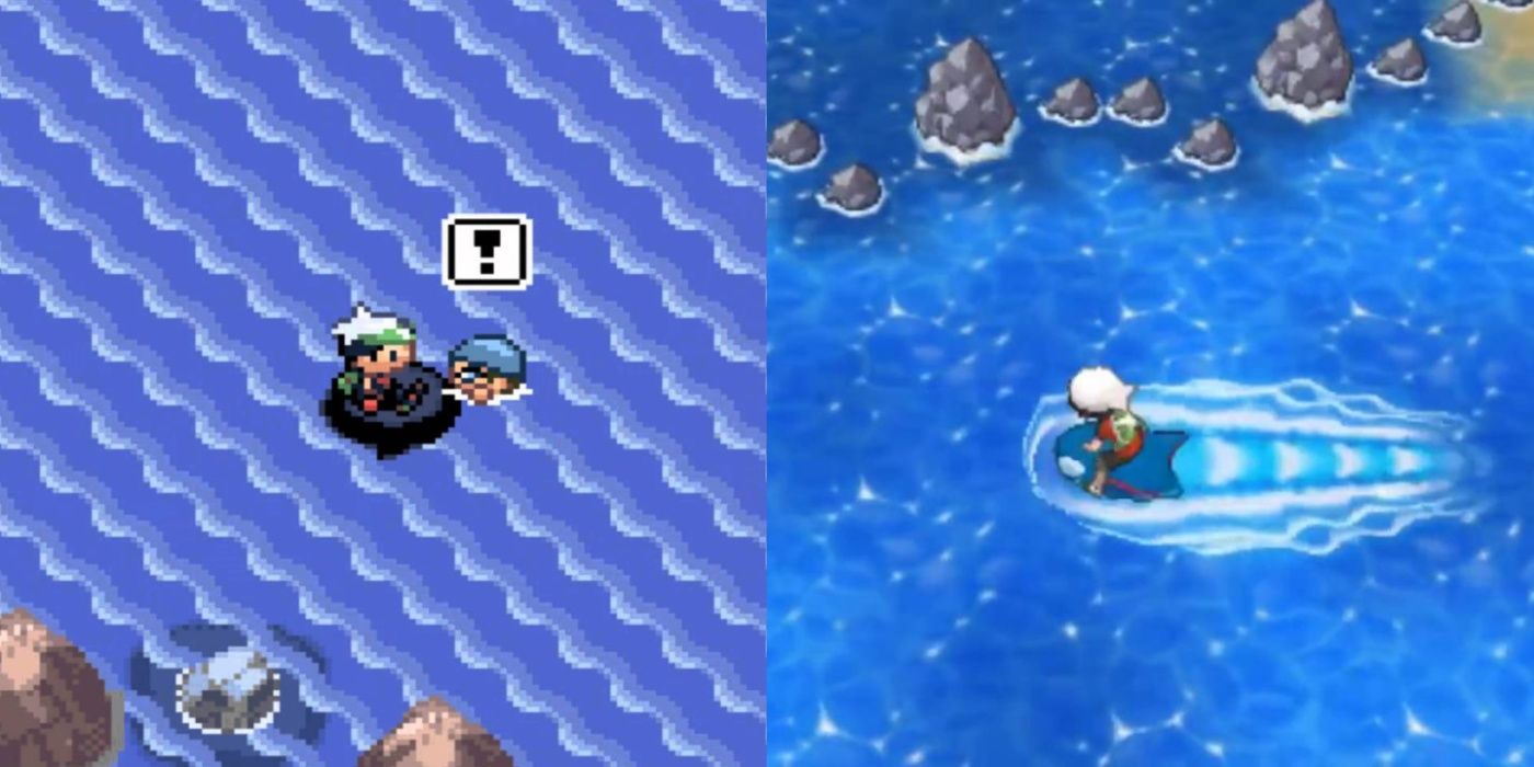 Imagem dividida dos personagens dos jogadores surfando na região de Hoenn do mundo Pokémon.