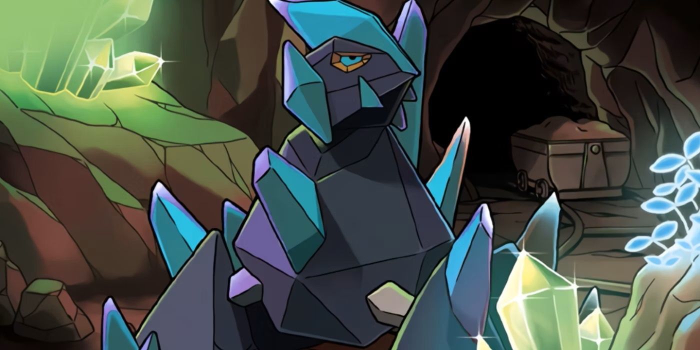 Un Shiny Gigalith aparece en una cueva en el arte clave de JCC Pokémon.