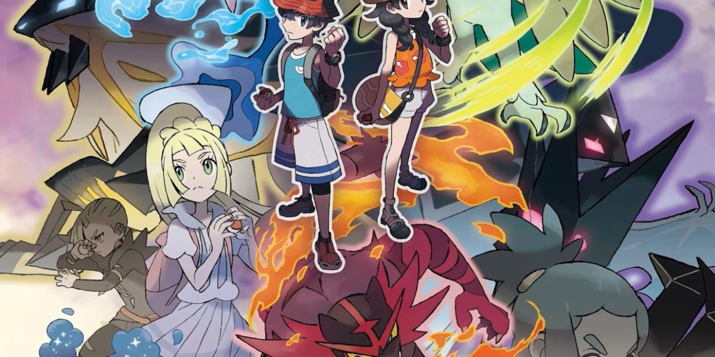 Uma colagem mostra o elenco principal e de apoio de Pokémon Ultra Sun e Ultra Moon com vários Pokémon ao fundo.