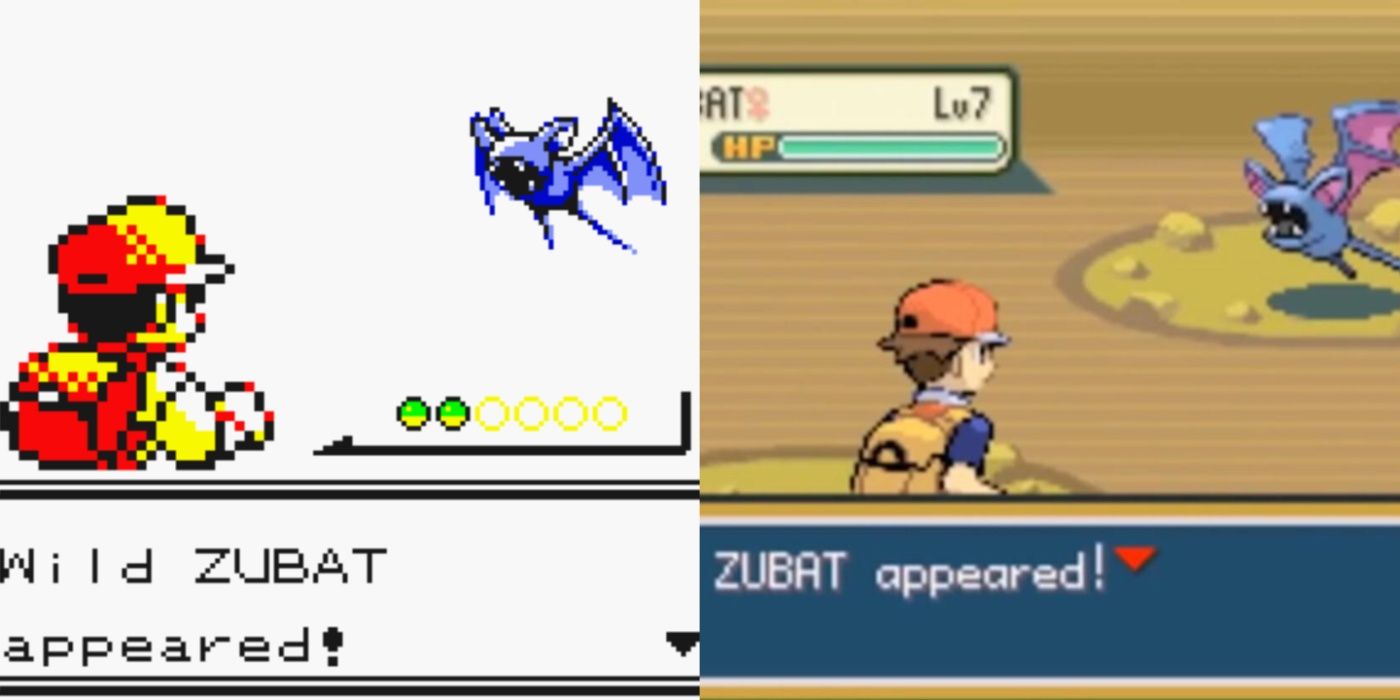 Imagem dividida do jogador encontrando um Zubat em Pokémon Yellow e nos remakes de GBA Gen I.
